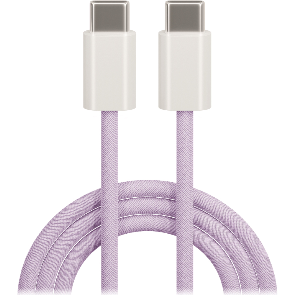 Lila USB-C Kabel mit zwei Anschlüssen. Der Kabelmantel ist geflochten.