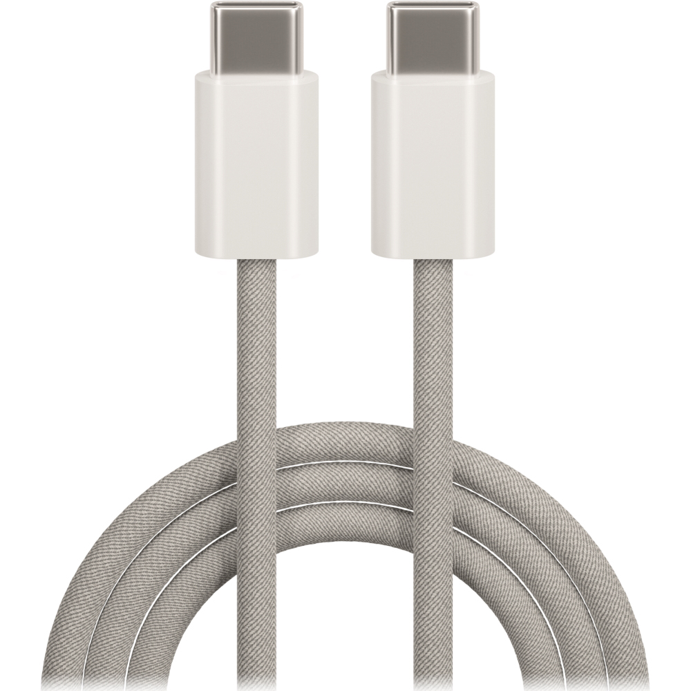 Zwei USB-C Kabel mit grauem Textilüberzug. Beide Enden sind gleich und haben einen weißen Kunststoffstecker.