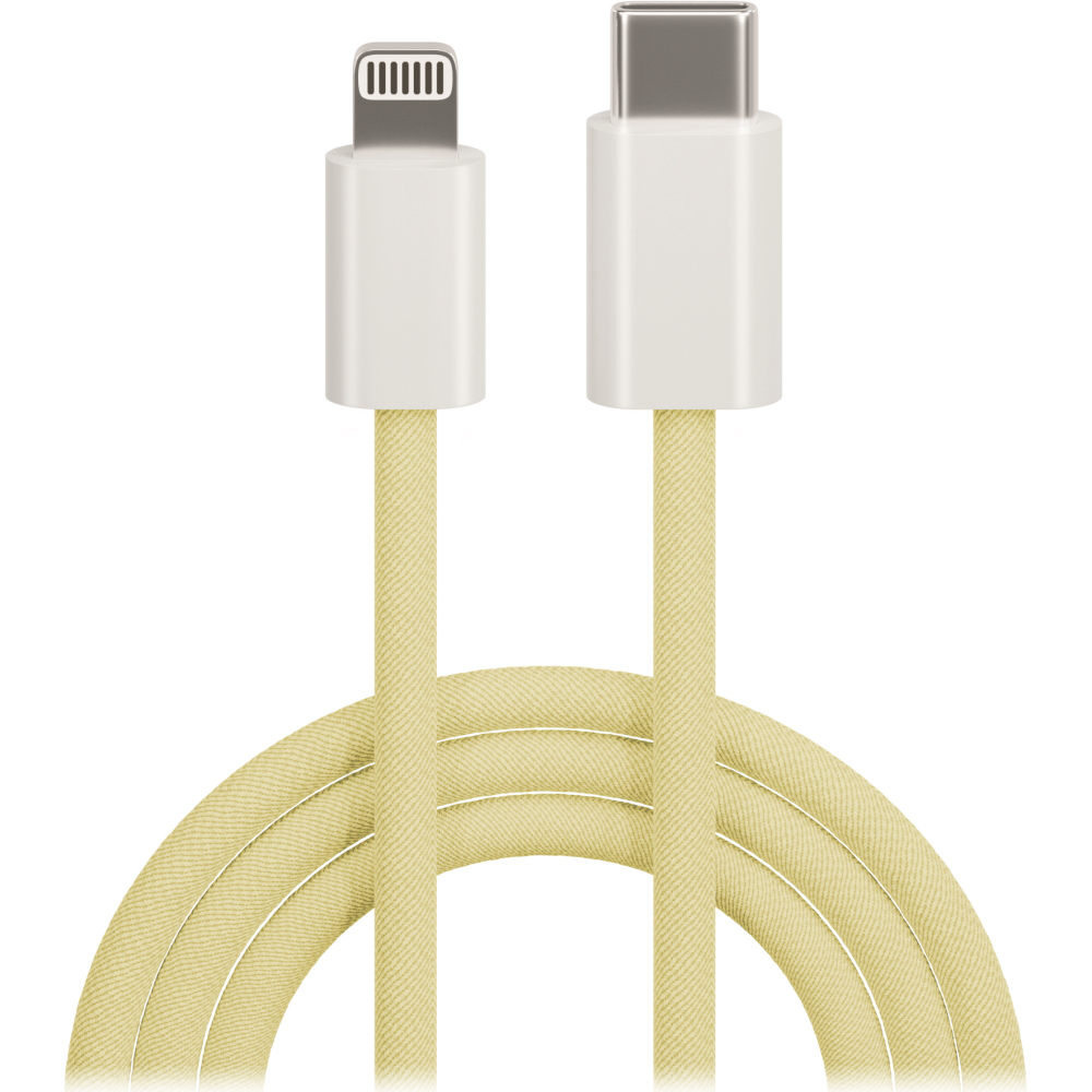 Ladekabel mit einem Lightning- und einem USB-C-Anschluss. Die Ummantelung ist in hellem Gelb.