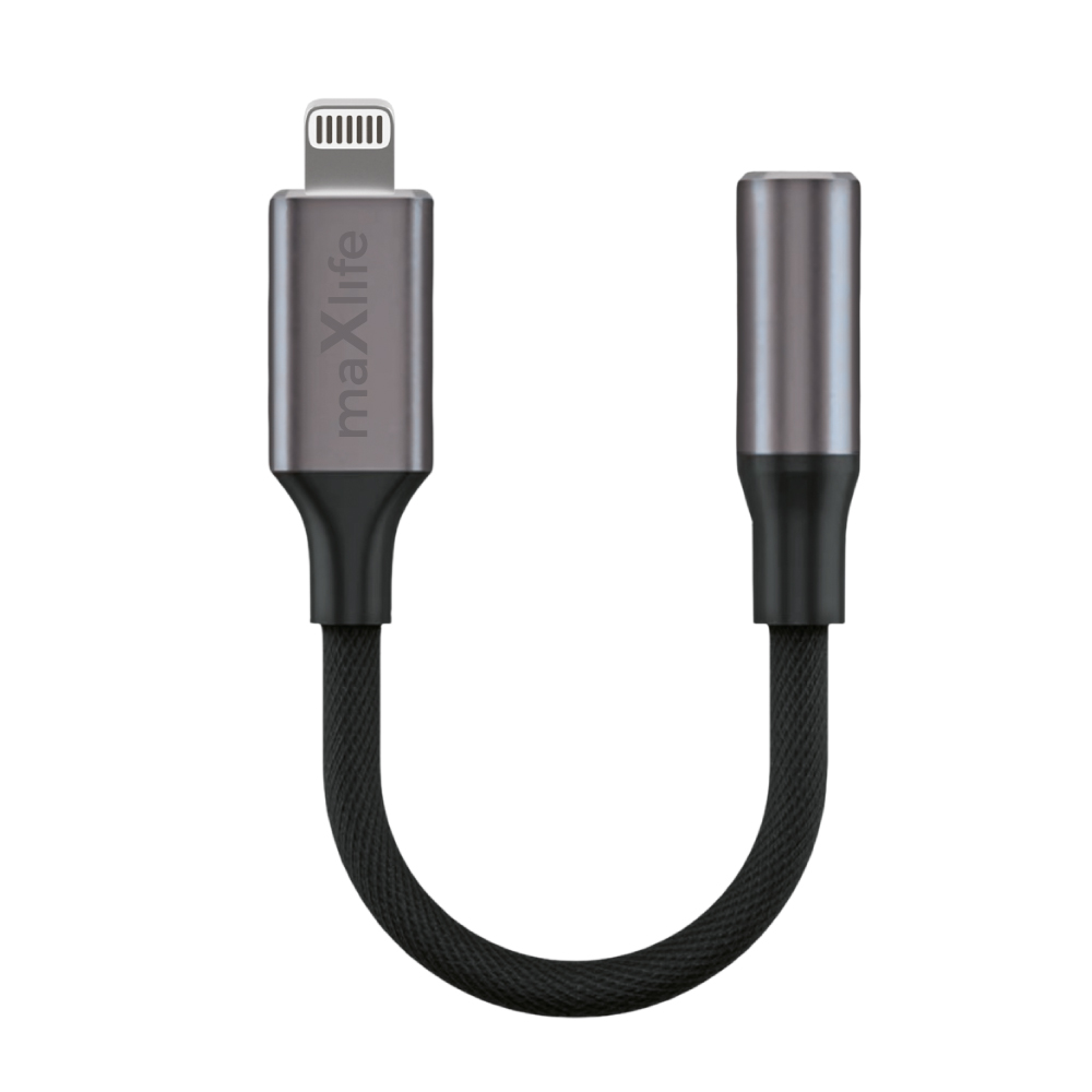 Adapterkabel mit einem Lightning-Anschluss und einem Klinkenstecker. Der Stecker ist aus Metall, das Kabel ist schwarz und geflochten.