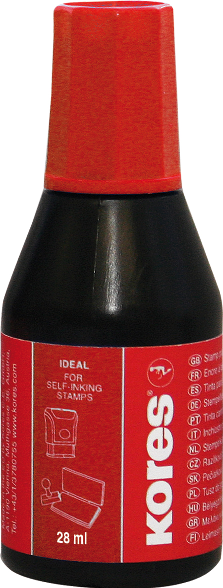 Schwarze Flasche mit rotem Deckel. Inhalt für selbstfärbende Stempel, 28 ml.