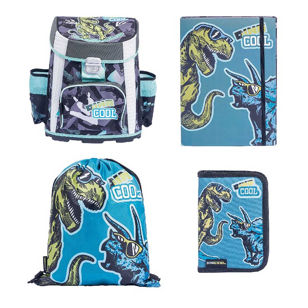 Schulrucksack mit Dinosaurier-Motiven in Blau und Schwarz. Enthält eine Sporttasche, ein Notizbuch und eine Geldbörse.