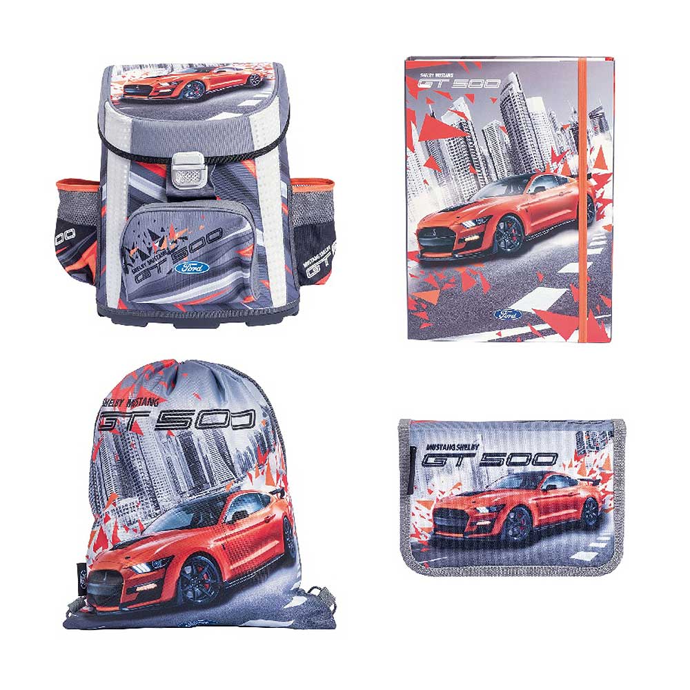 Schulranzen und Zubehör mit Ford Mustang GT500 Motiv. Enthält Rucksack, Notizbuch und Geldbeutel.