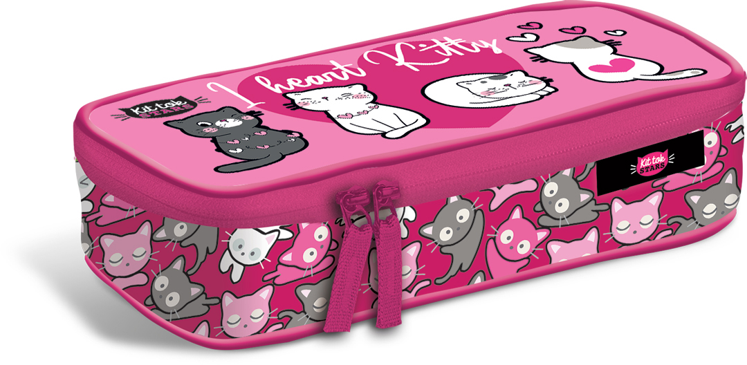 Buntes Federmäppchen mit Katzenmotiven. Auf der Oberseite steht 'I heart Kitty'.