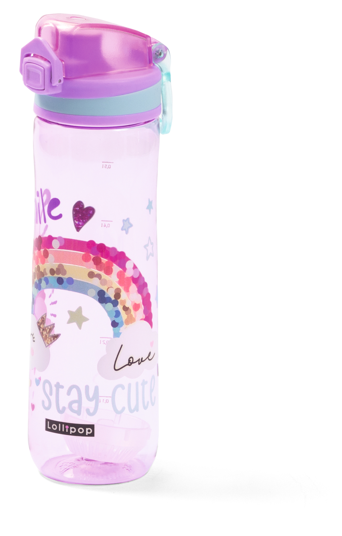 Wasserflasche in lila mit buntem Regenbogen und Sternen. Aufschrift 'stay cute' und 'love'.