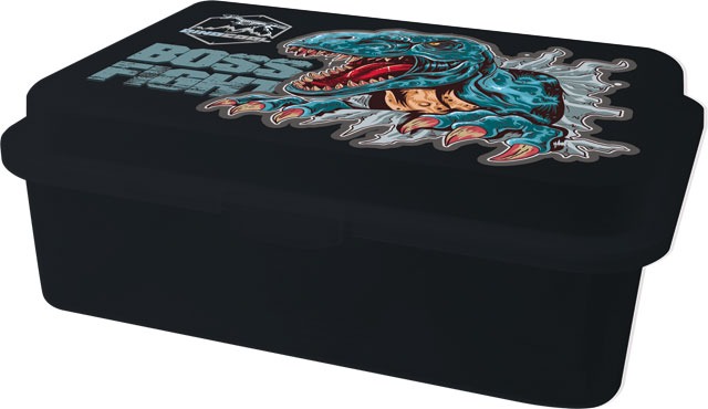 Schwarze Box mit Deckel. Auf dem Deckel ein farbenfrohes Design eines Dinosauriers mit menschlichem Gesicht. Schriftzug 'BOSS FIGHT' in auffälliger Schrift.
