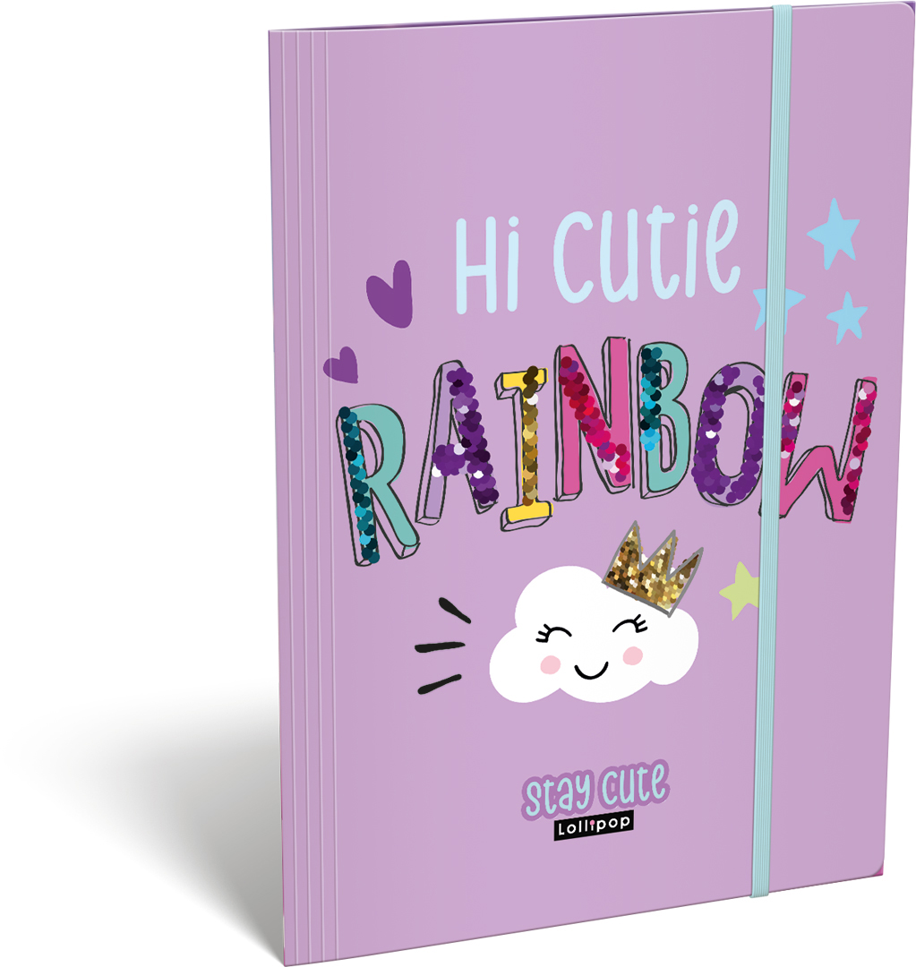 Lila Notizbuch mit dem Titel Hi Cutie Rainbow. Bunte Schrift und eine lächelnde Wolke mit Krone.