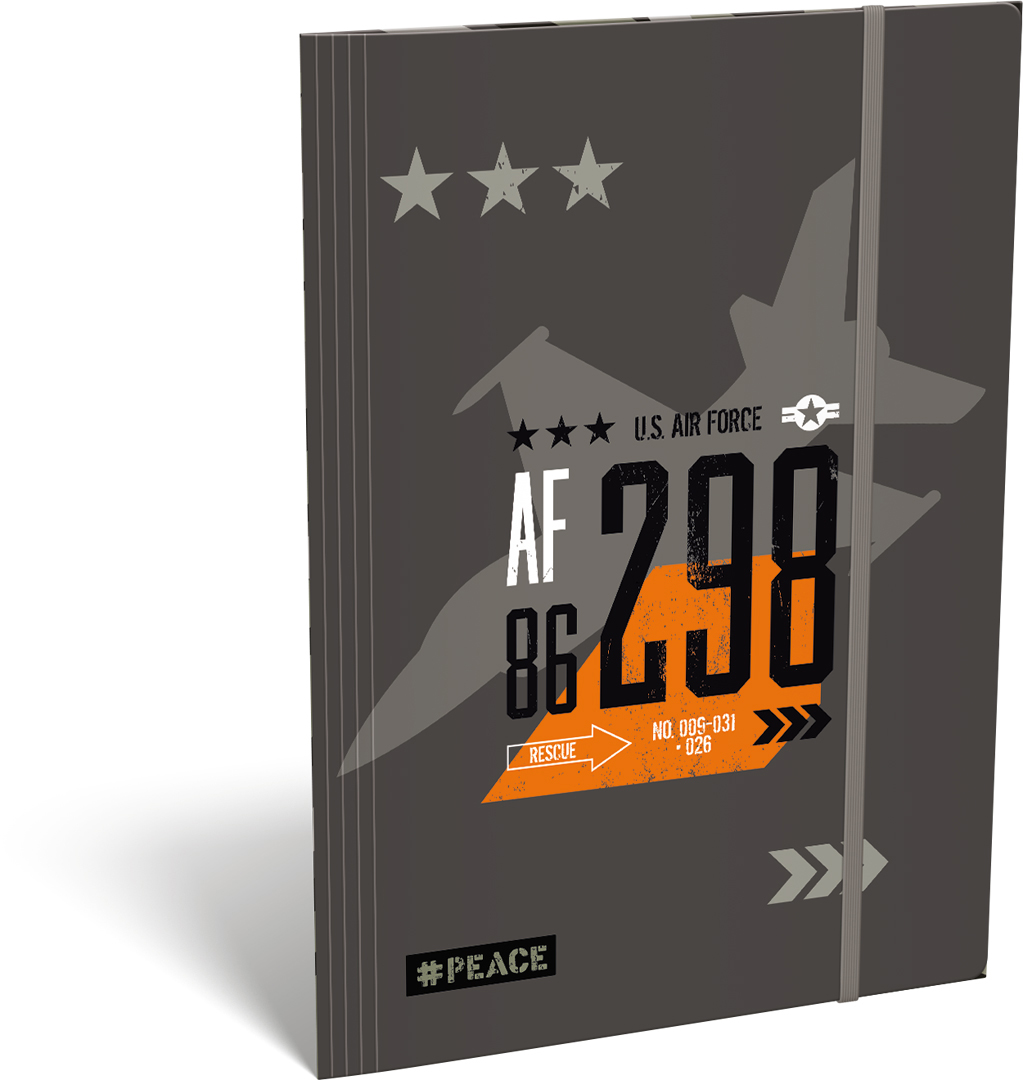 Notizbuch mit grauem Cover und US Air Force Design. Enthält orangefarbene Schriftzüge und Symbole.