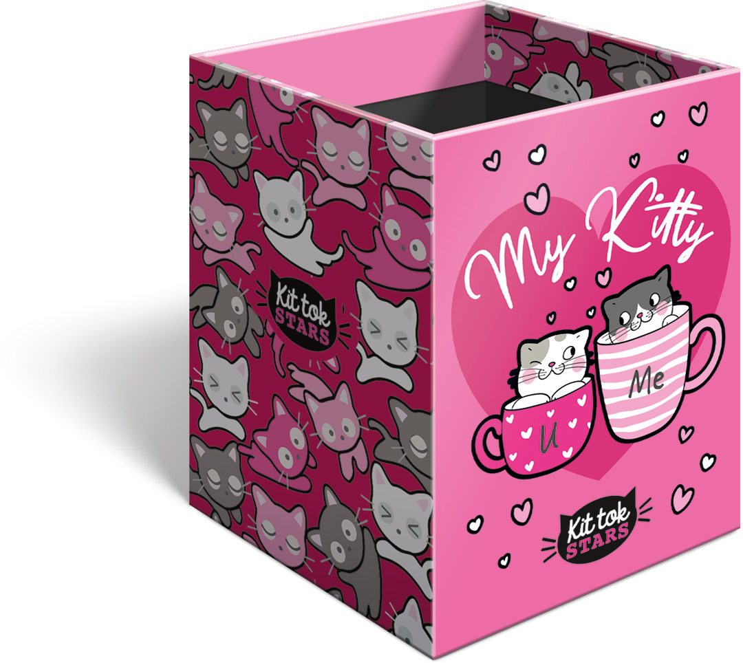 Bunte Box mit Katzenmotiven in Pink. Auf der Vorderseite steht 'My Kitty' und zwei Katzen in Tassen.