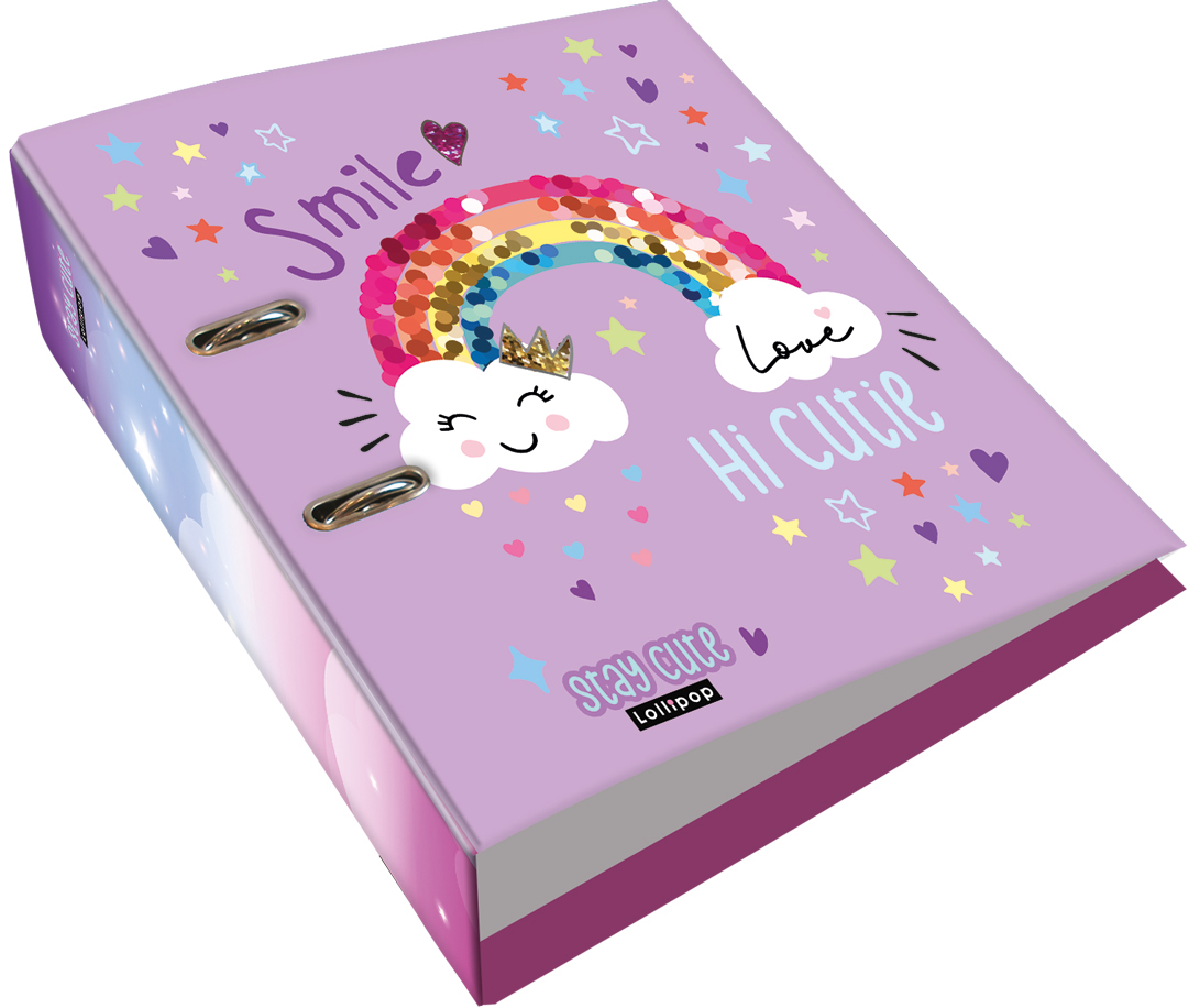 Lila Ordner mit buntem Regenbogen und Wolken. Auf dem Cover stehen die Worte 'Smile', 'Love' und 'Hi Cutie'.