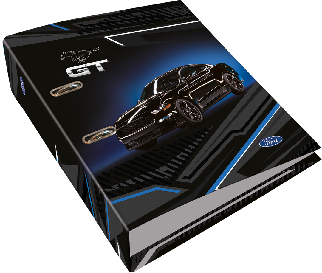 Schwarzer Ordner mit Ford Mustang GT Design. Abbildung eines sportlichen Autos. Blaues und schwarzes Farbschema.