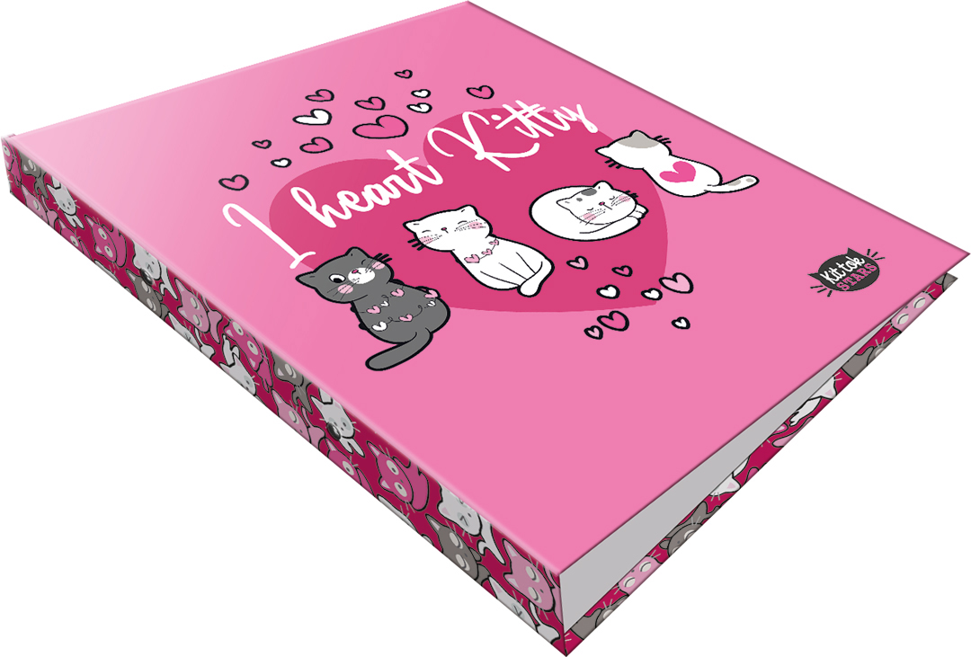 Buchcover mit dem Titel 'I heart Kitty'. Pinker Hintergrund mit vier gezeichneten Katzen und Herzen.