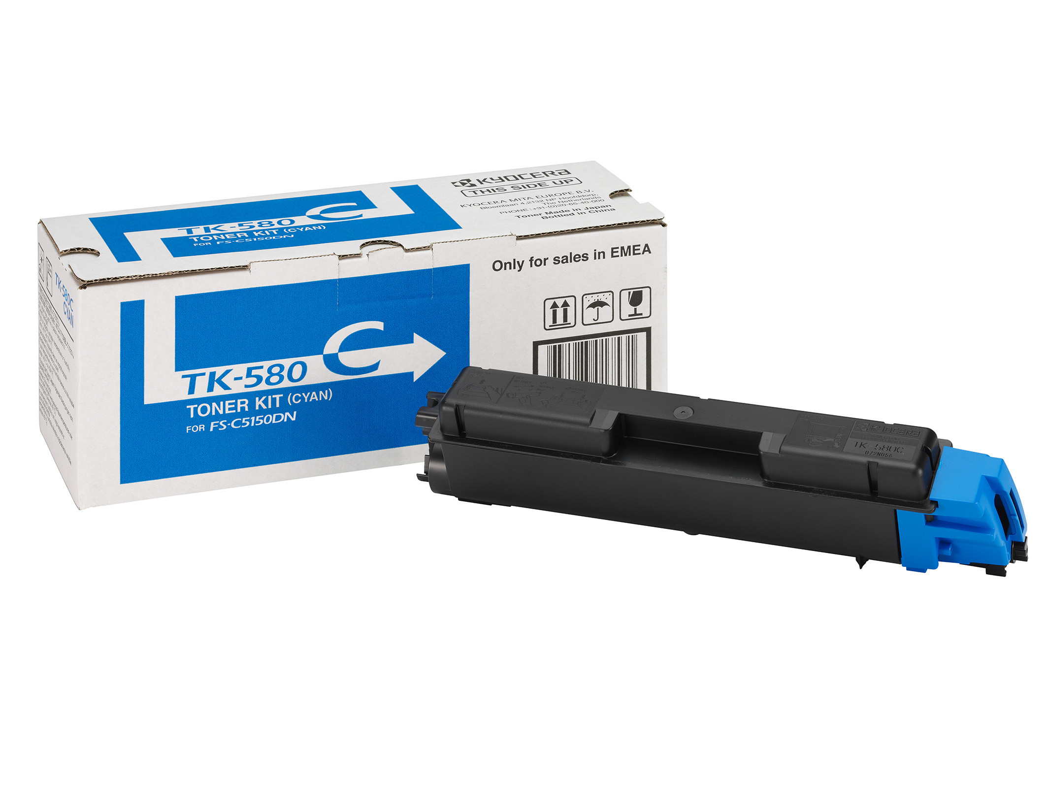 Toner-Kit in Cyan für Drucker. Verpackung in weiß-blauem Design.