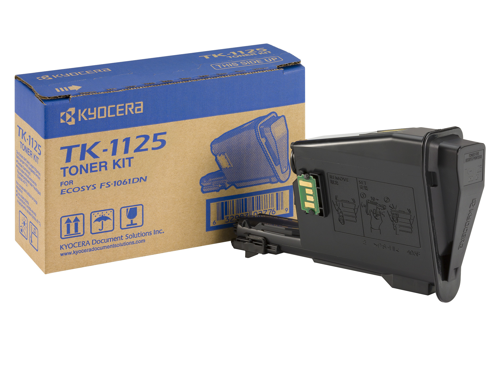 Toner-Kit in schwarzer Farbe. Verpackung in blauem Karton mit Aufschrift 'TK-1125 Toner Kit für Ecosys FS-1061DN'. Toner hat eine grüne Chip-Kontaktfläche.