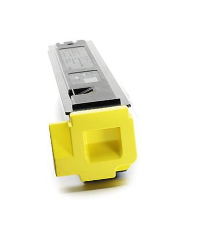 Gelbe Tonerkartusche für Drucker. Längliche Form mit einem gelben Anschluss.