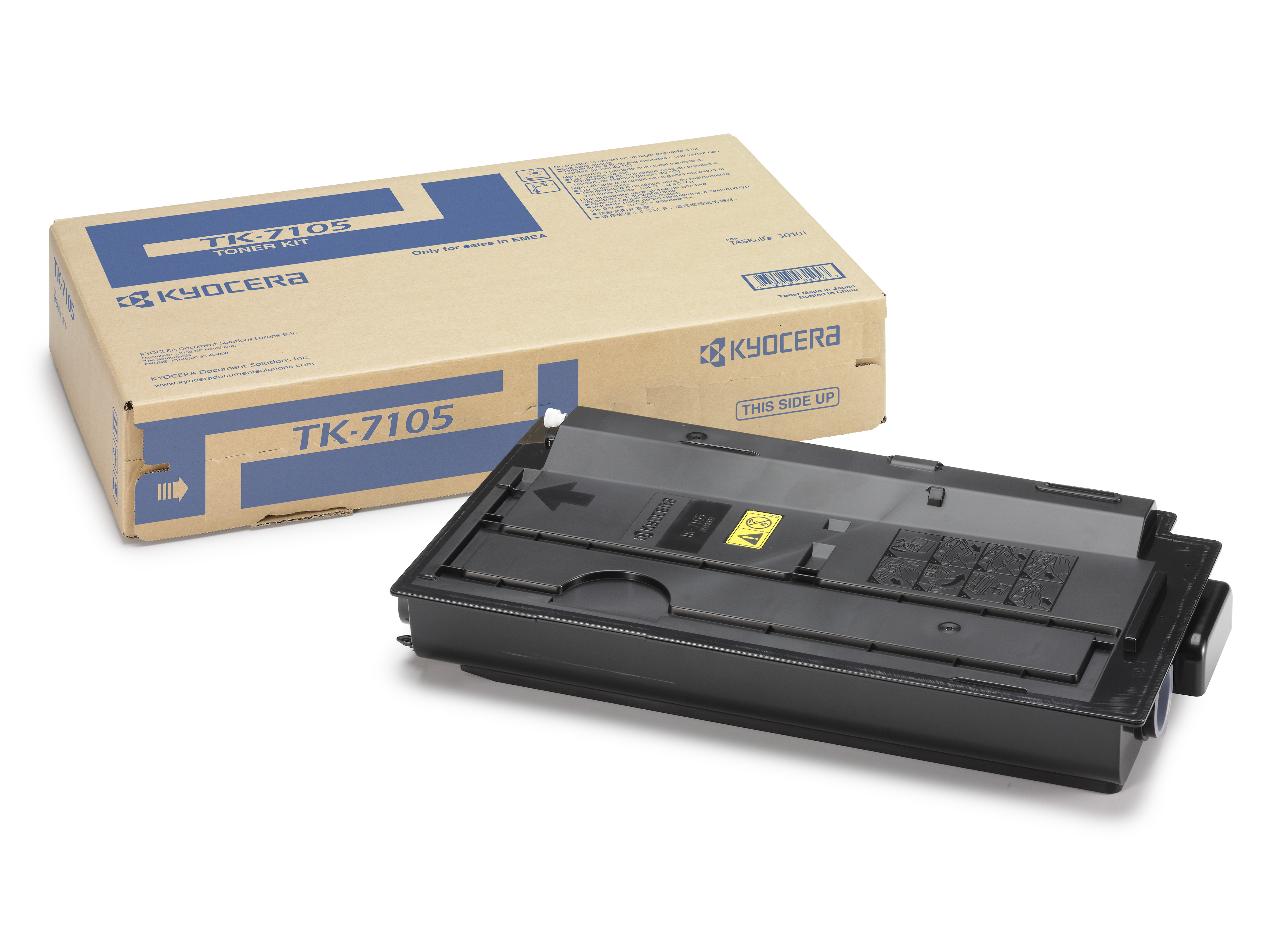 Toner-Kit von Kyocera. Schwarze Tonerkartusche in einer braunen Verpackung. Auf der Box steht 'TK-7105'.