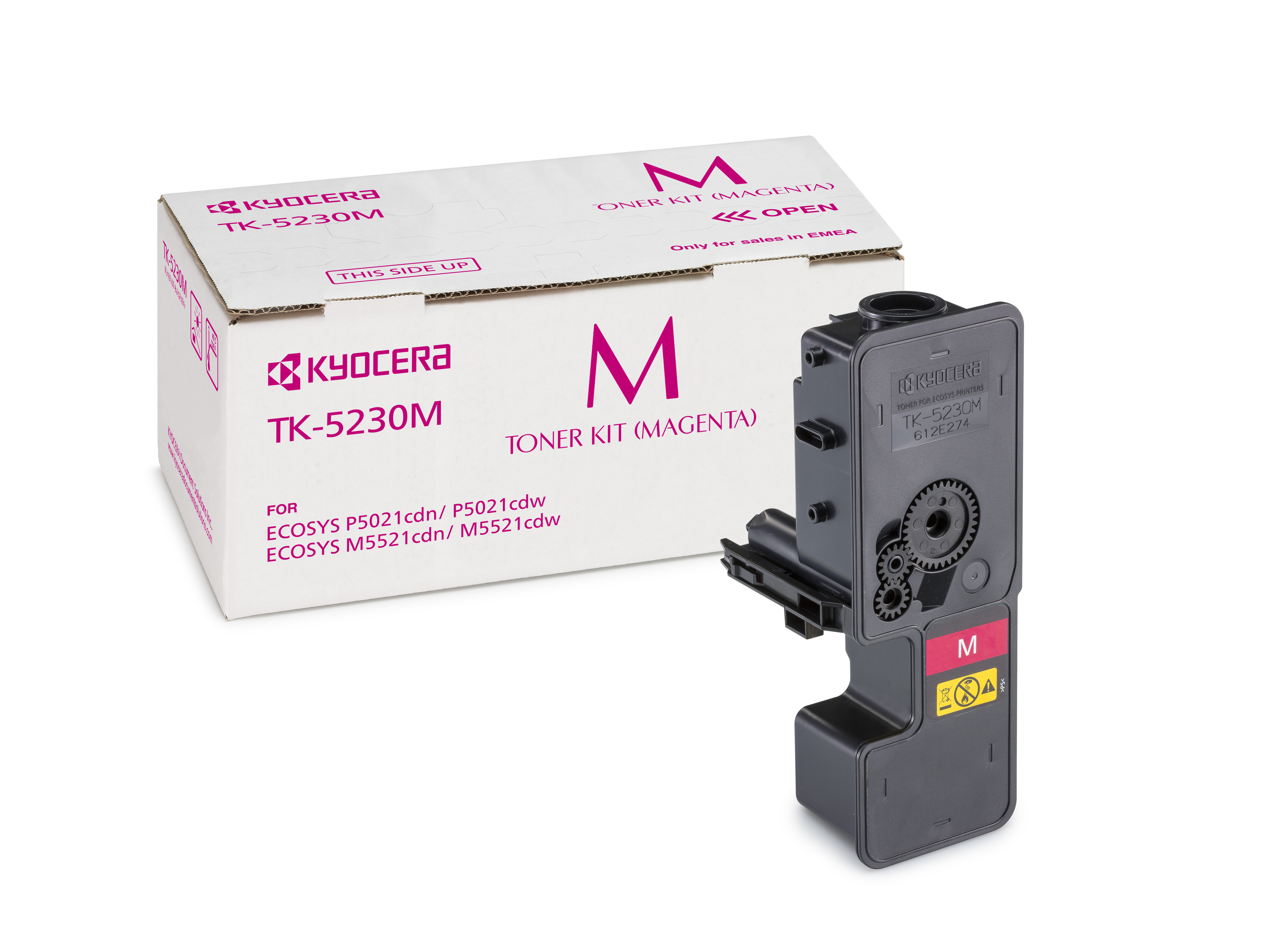 Toner-Kit in Magenta für Drucker. Verpackung mit Aufschrift und Hinweis auf Kompatibilität.