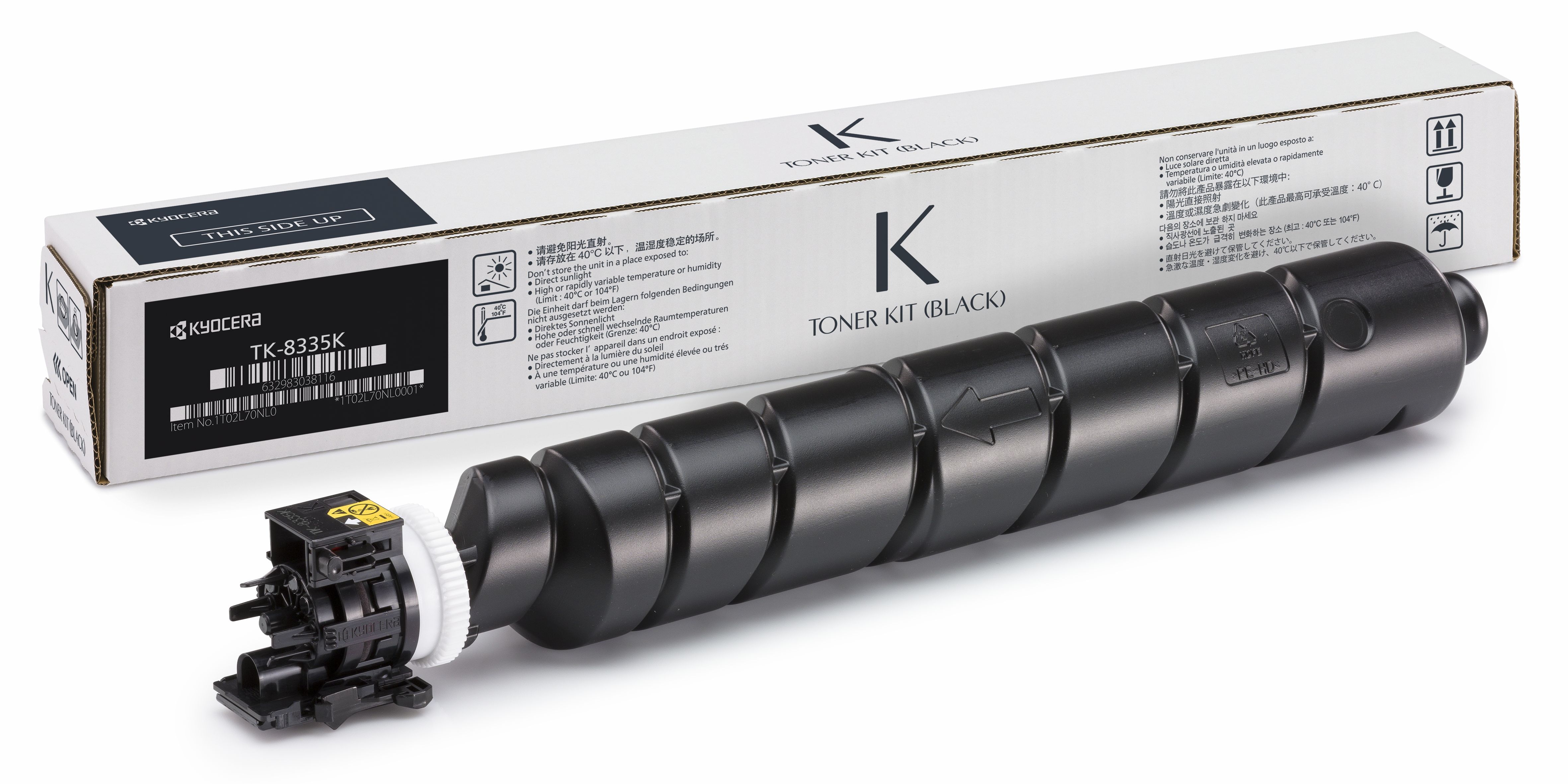 Schwarzer Toner-Kit für Drucker in einer Verpackung. Der Toner hat eine zylindrische Form.