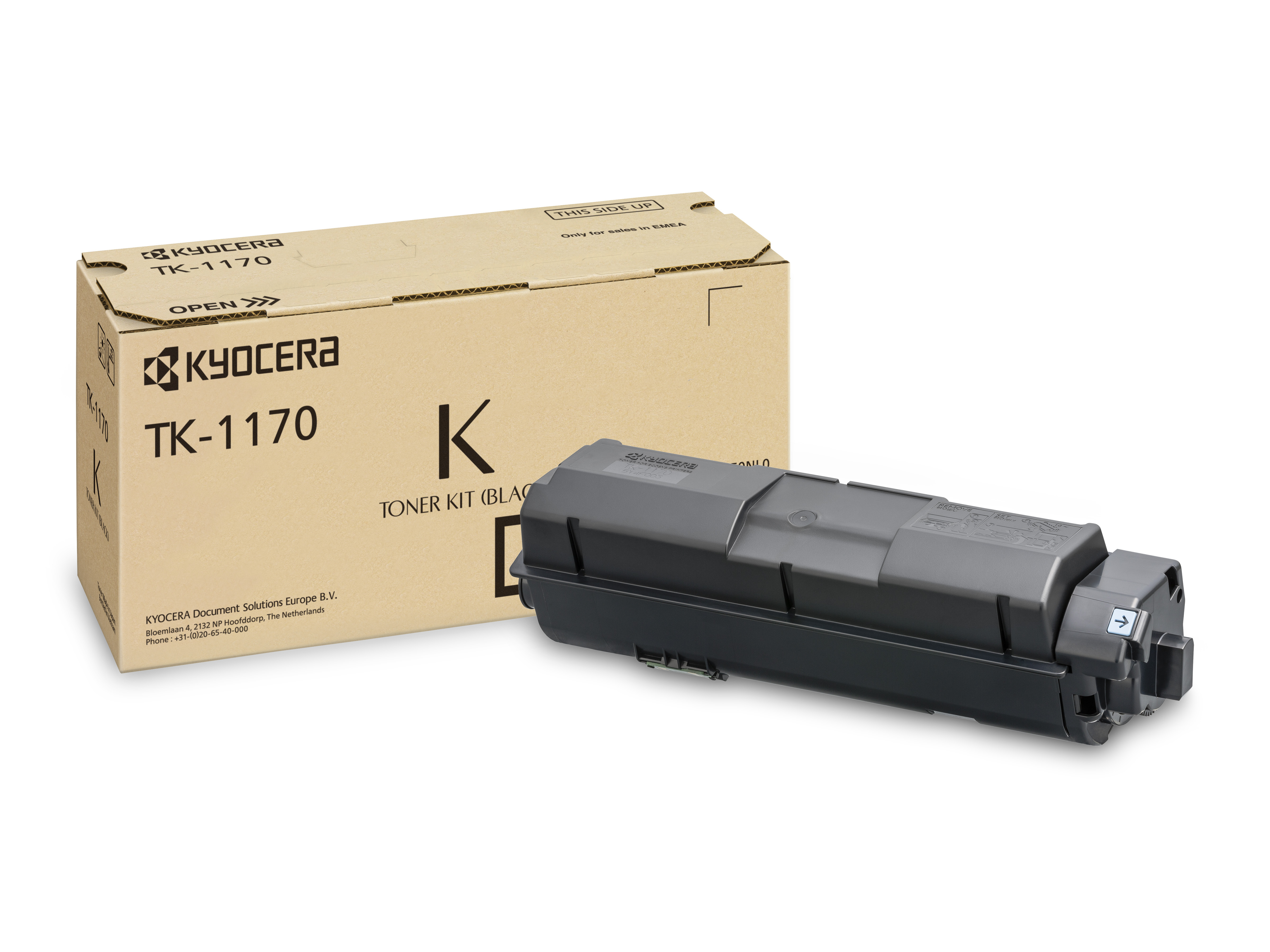 Schwarzer Toner für Drucker in einer braunen Verpackung. Auf der Box steht 'TK-1170' und 'Toner Kit (Black)'.