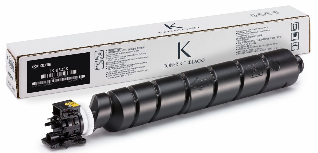 Schwarzer Toner-Kit für Drucker in einer Verpackung. Der Toner hat eine zylindrische Form mit einer Anschlussstelle.