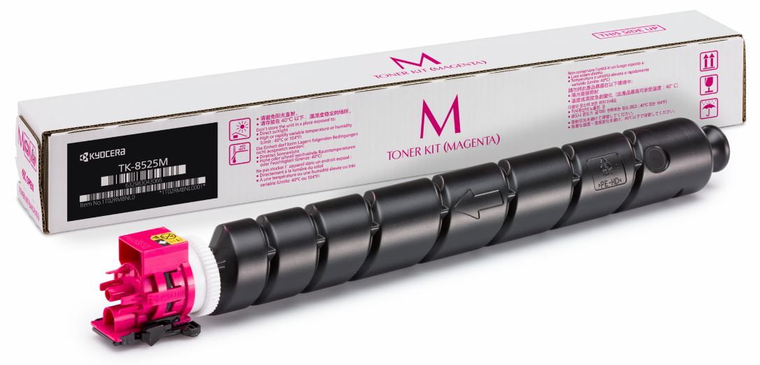 Magenta Tonerkartusche für Drucker. Verpackung mit Aufschrift 'Toner Kit (Magenta)'.
