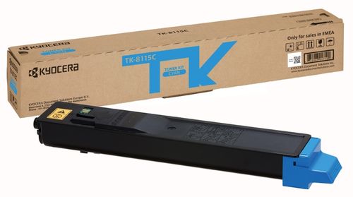 Kyocera Tonerkartusche in Cyan. Verpackung mit blauer und schwarzer Schrift.