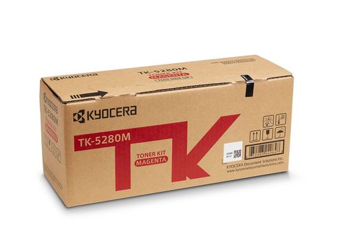 Kartonverpackung für Toner. Farbe: Magenta. Aufdruck mit Produktbezeichnung und Logo. Schlichte, braune Pappe.