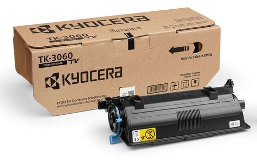 Schwarze Tonerkartusche von Kyocera. Verpackung in braunem Karton mit Aufschrift TK-3060.