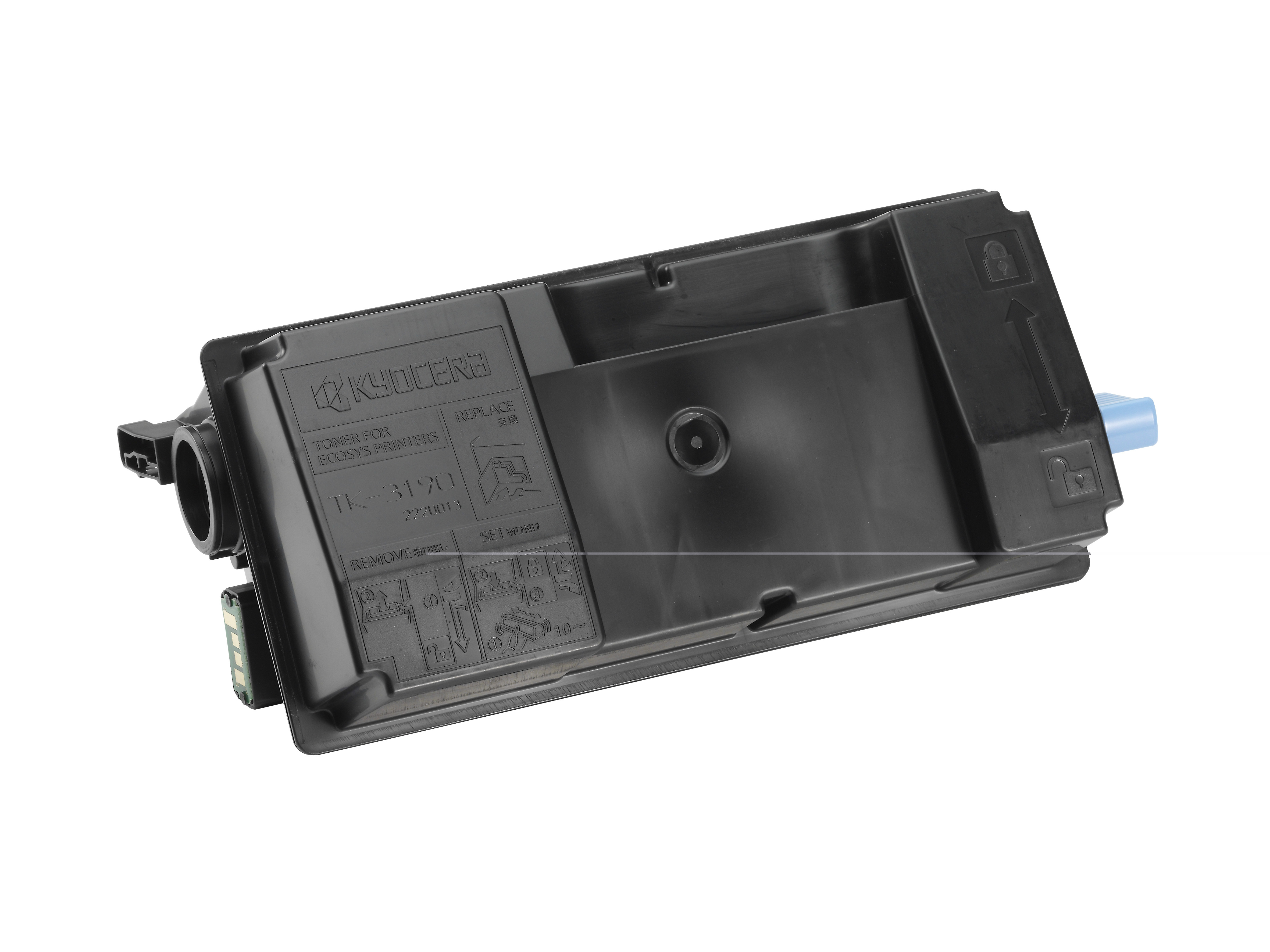 Schwarze Tonerkartusche für Kyocera Drucker. Hat eine blaue Öffnung und verschiedene Hinweise auf der Oberfläche.