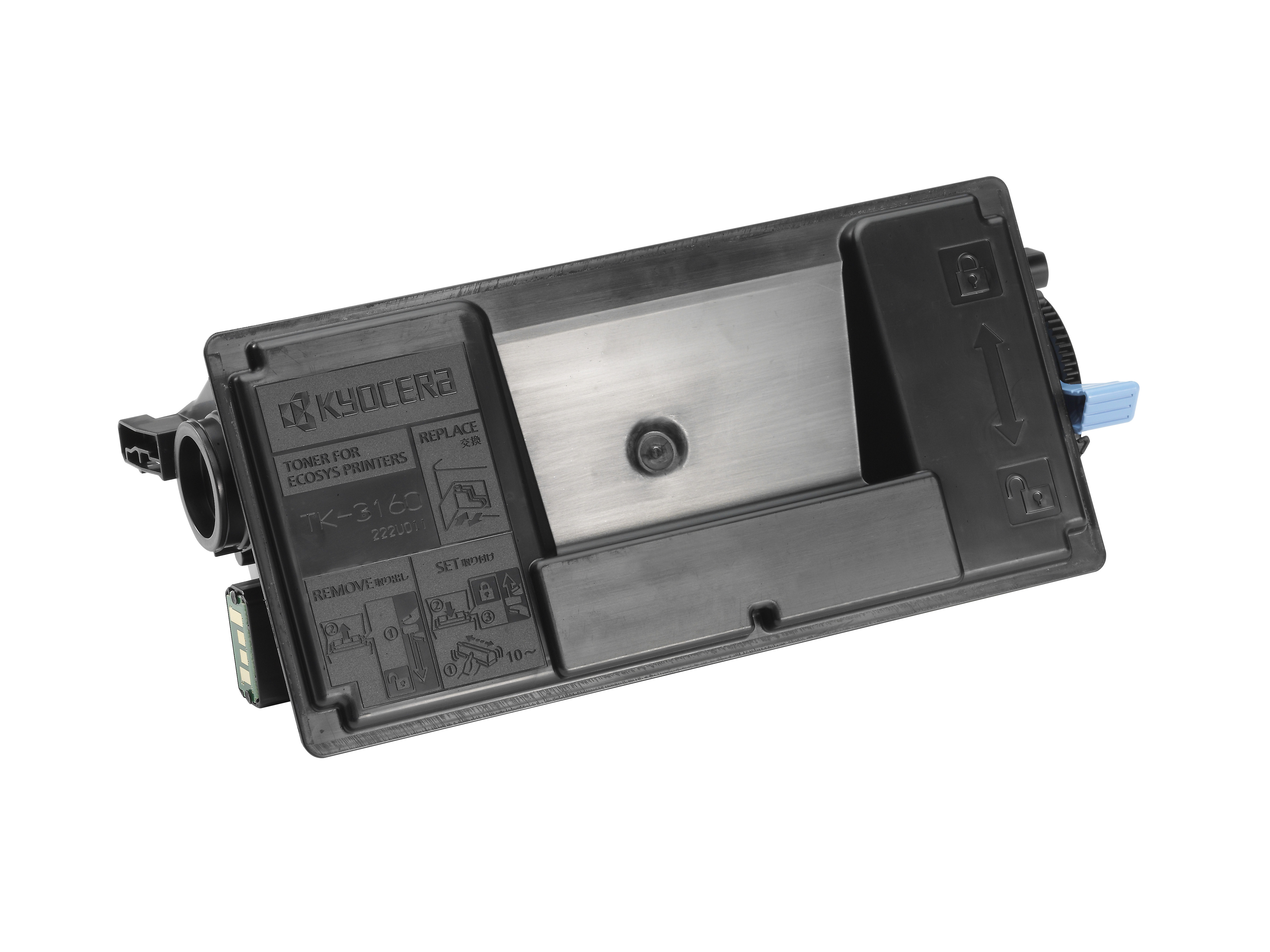 Tonerpatrone für Kyocera Ecosys Drucker. Schwarz, rechteckig, mit blauen Griff. Auf der Oberseite sind Anweisungen zum Einsetzen und Entfernen.