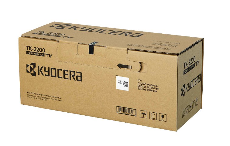 Braune Kartonverpackung mit der Aufschrift TK-3200. Enthält Toner für Drucker.