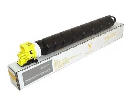Schwarzer Toner für Drucker. Zylindrische Form mit gelbem Anschluss. Verpackt in einer weißen Box.