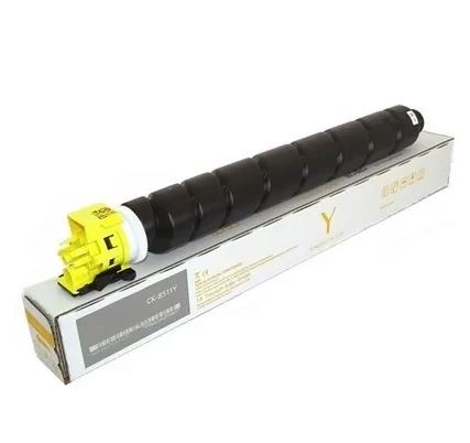Schwarzer Toner für Drucker mit gelbem Anschluss. Verpackt in einer weißen Box.