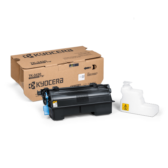 Schwarze Tonerkartusche von Kyocera mit einer Verpackung. Eine separate Abfallbehälter ist ebenfalls sichtbar.