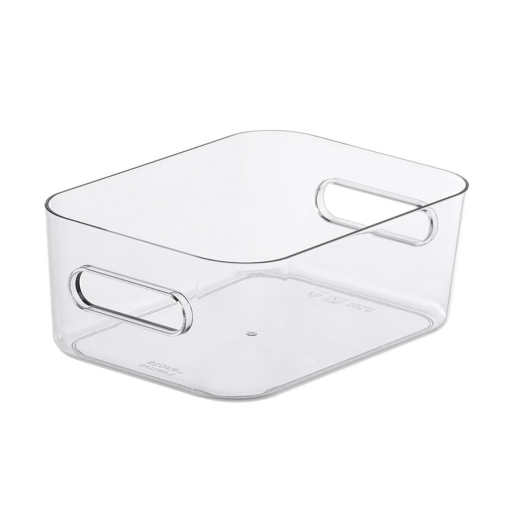 Transparente Aufbewahrungsbox mit rechteckiger Form. Zwei seitliche Griffe zum Tragen.