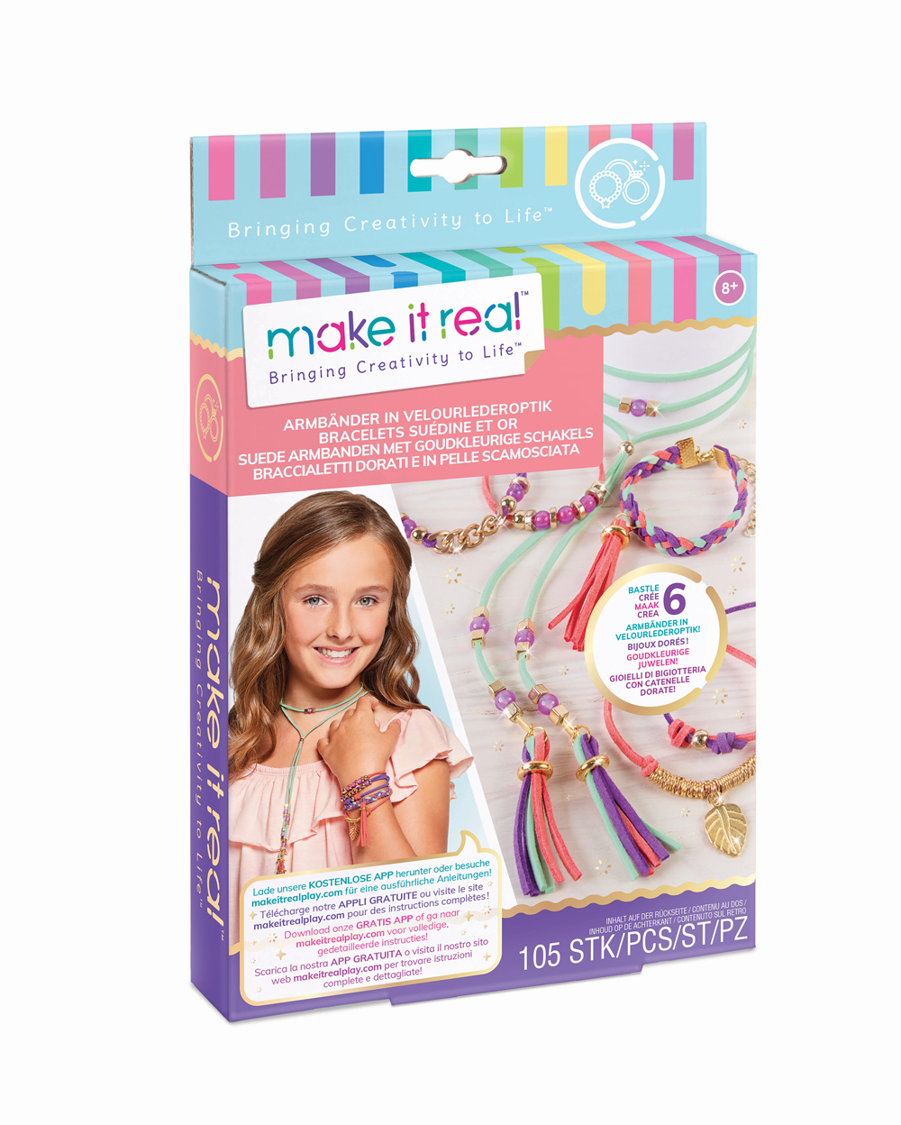 Verpackung für ein Schmuckset mit Armbändern. Enthält bunte Materialien und eine Anleitung.