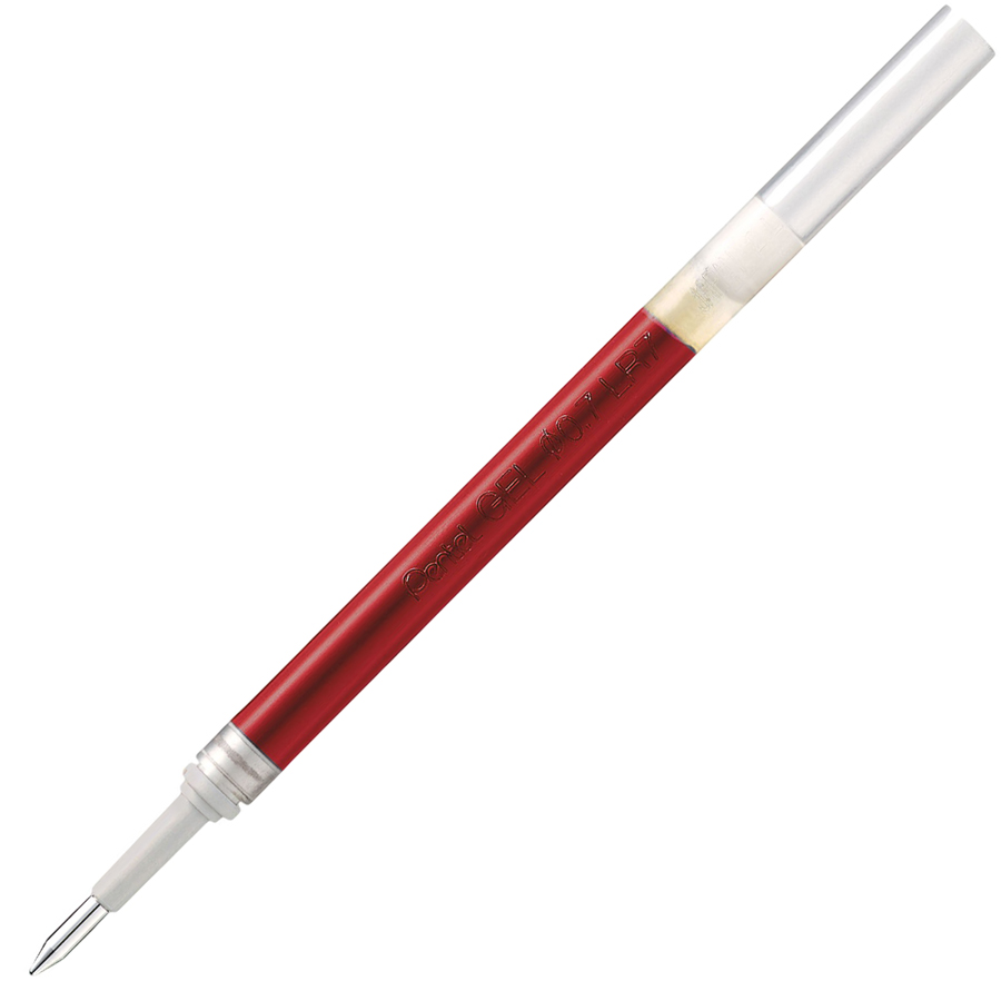Roter Gelstift mit silberner Spitze. Der Körper ist schmal und glatt.