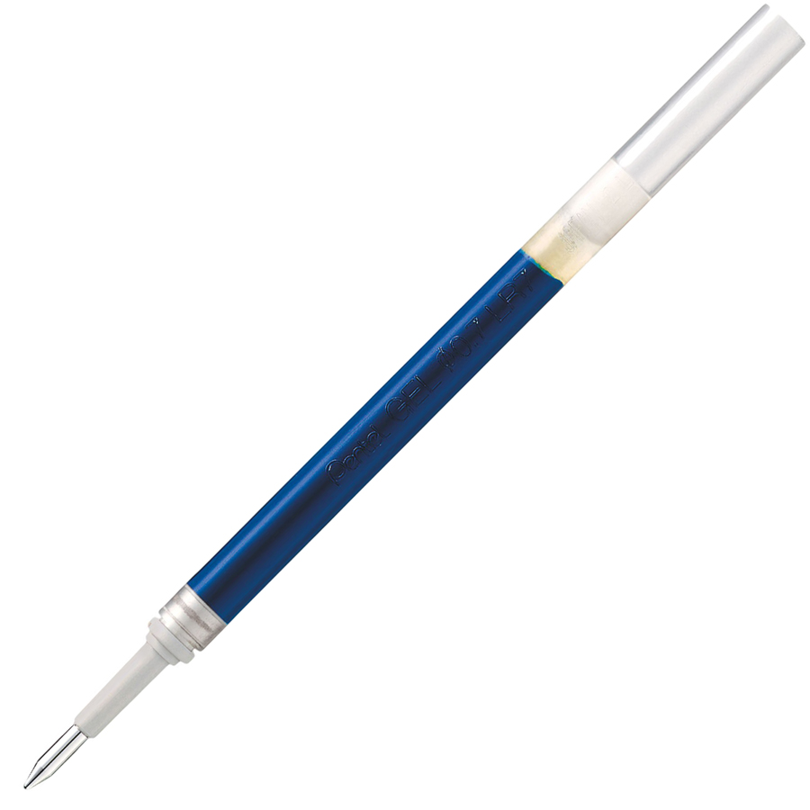 blauer Gelstift mit silberner Spitze. Der Körper ist transparent. Kappe oben vorhanden.