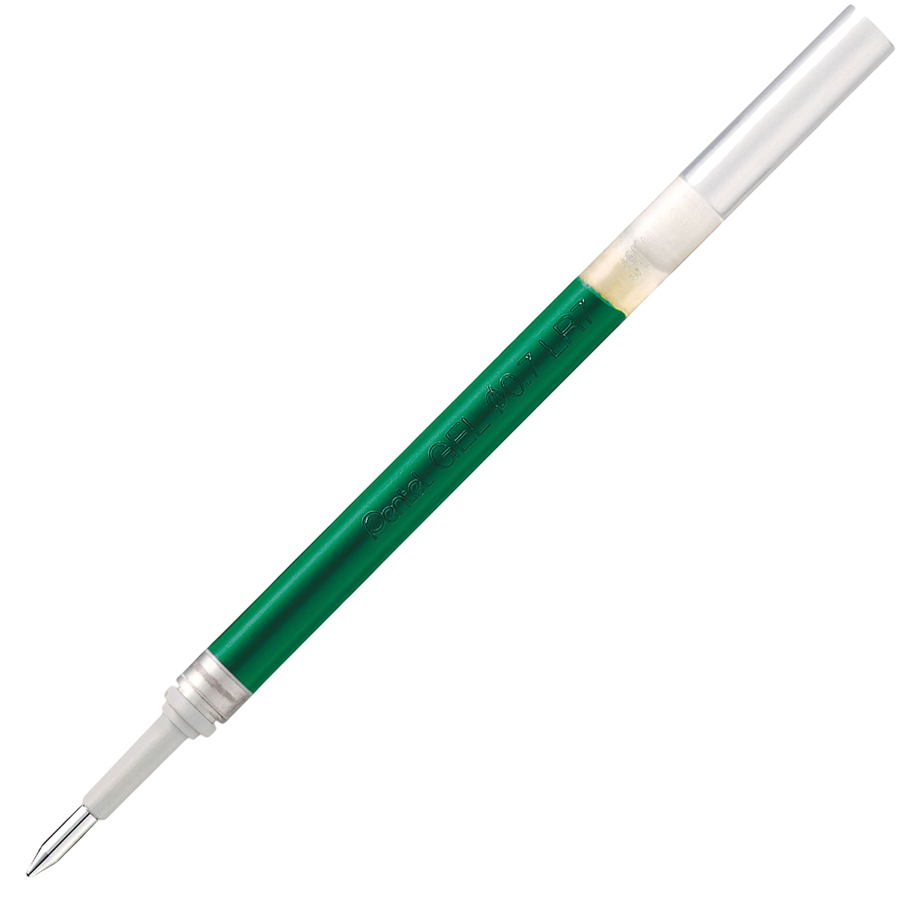 grüner Gelstift mit silberner Spitze. Der Schaft ist schlank und hat eine transparente Kappe.