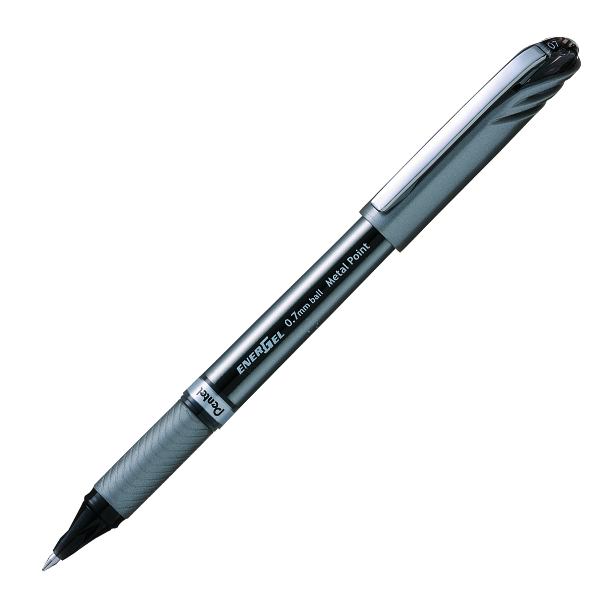 schwarzer Gelstift mit feiner Spitze. Der Griff ist gummiert für besseren Halt.