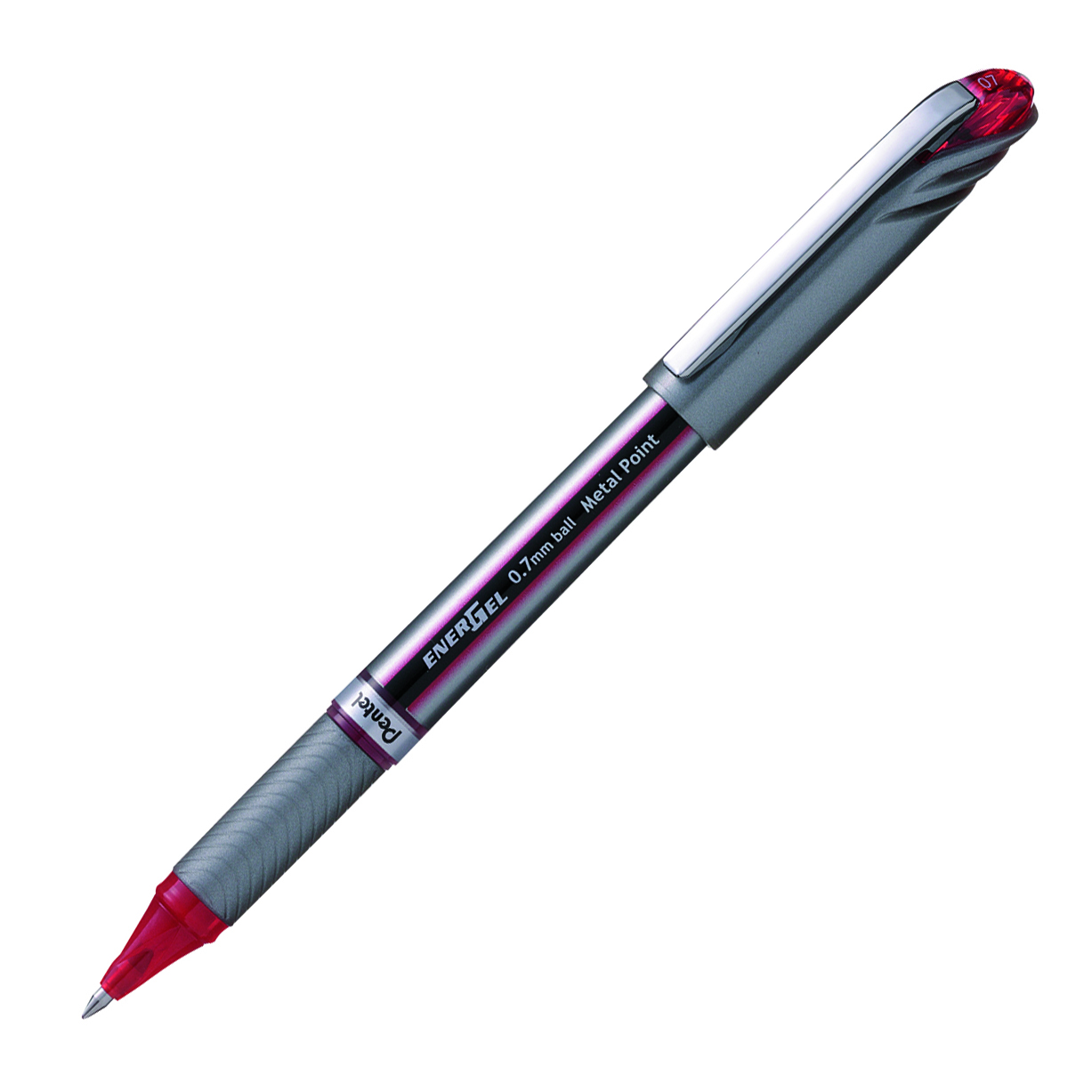 Schreibstift mit grauem Griff und roter Kappe. Die Spitze ist 0,7 mm dick.