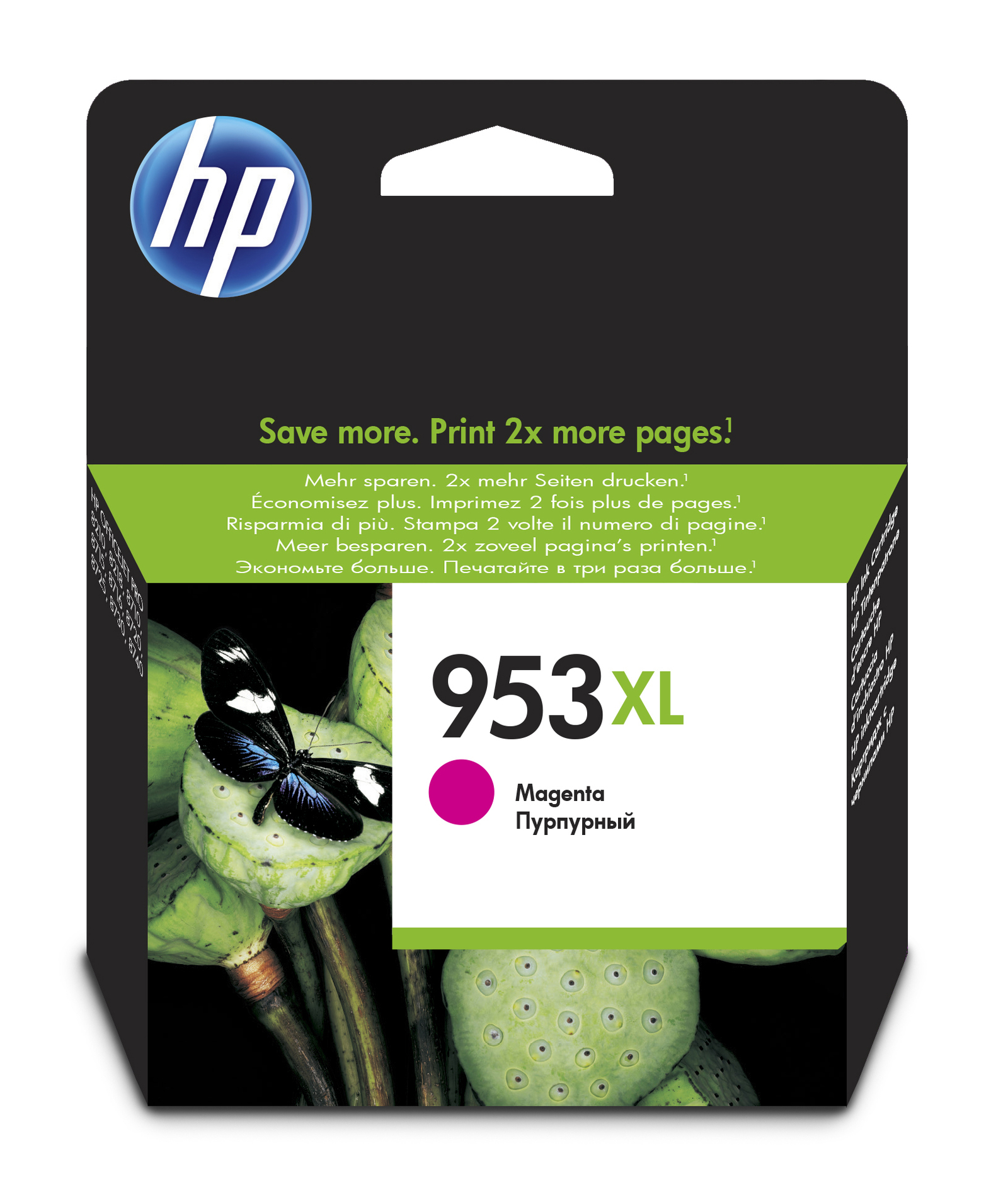 Schwarze Verpackung mit buntem Bild und HP-Logo. Enthält Magenta-Tinte, Modell 953XL.