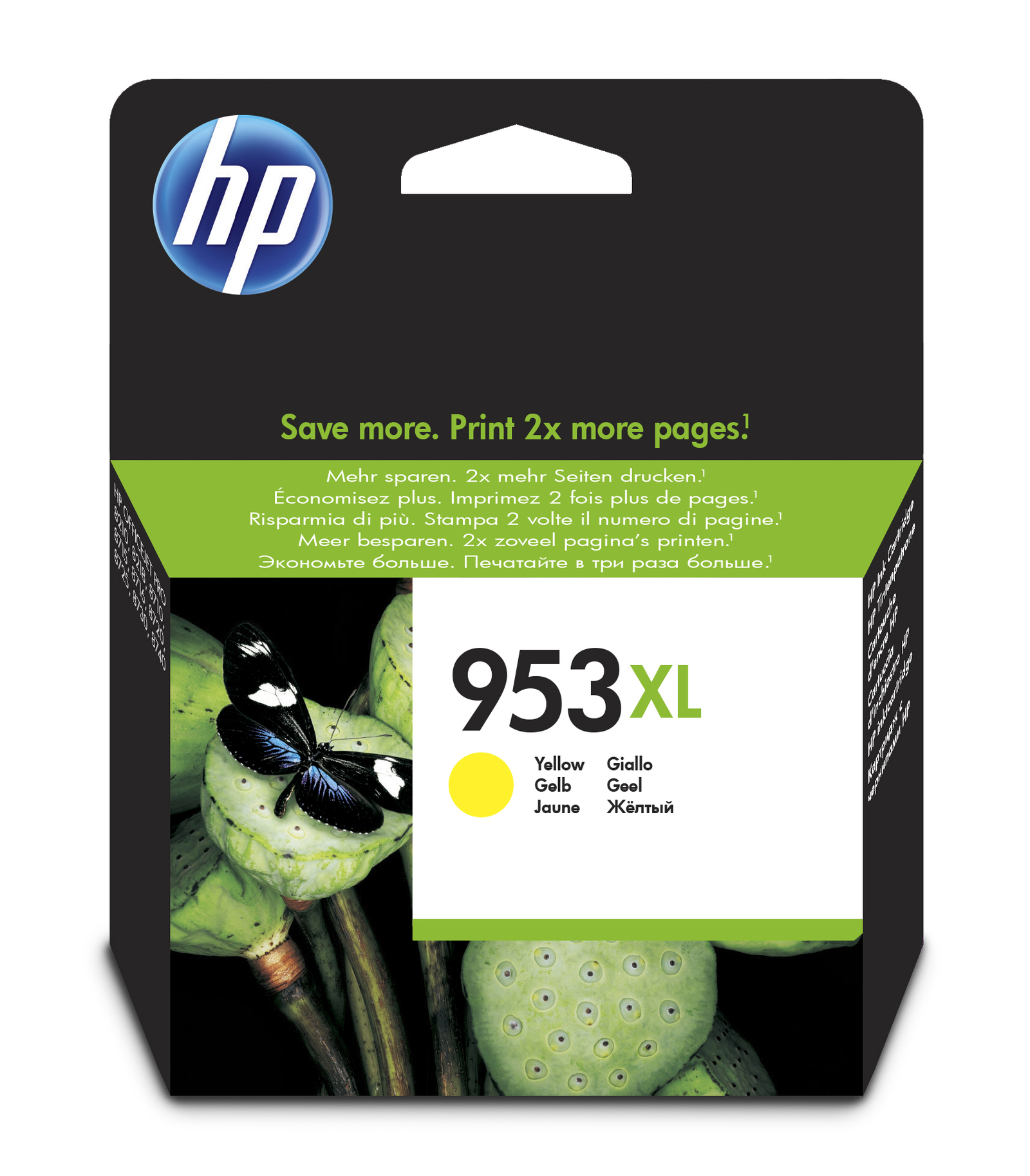 Schwarze Verpackung für HP Tintenpatrone 953XL. Gelbe Farbe mit Schmetterling auf grüner Pflanze.