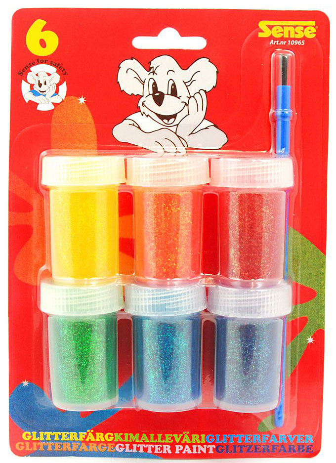 Sechserpack mit Glitzerfarben in verschiedenen Farben. Enthält einen Pinsel und ist in einer durchsichtigen Verpackung.