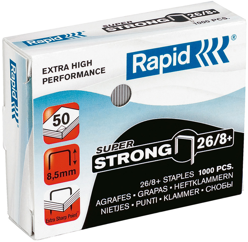 Packung mit Heftklammern der Marke Rapid. Enthält 1000 Stück, Größe 26/8+.
