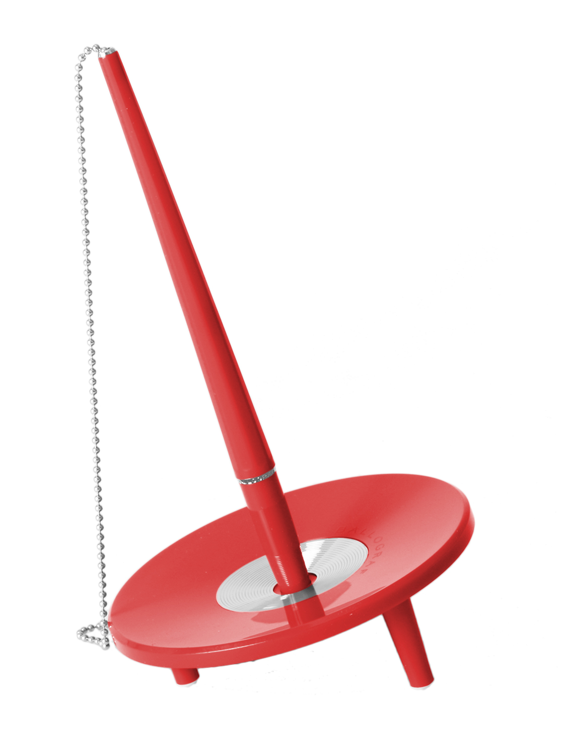 Roter Kreisel mit langem Stab und runder Basis. Der Stab ist mit einer Kette verbunden.