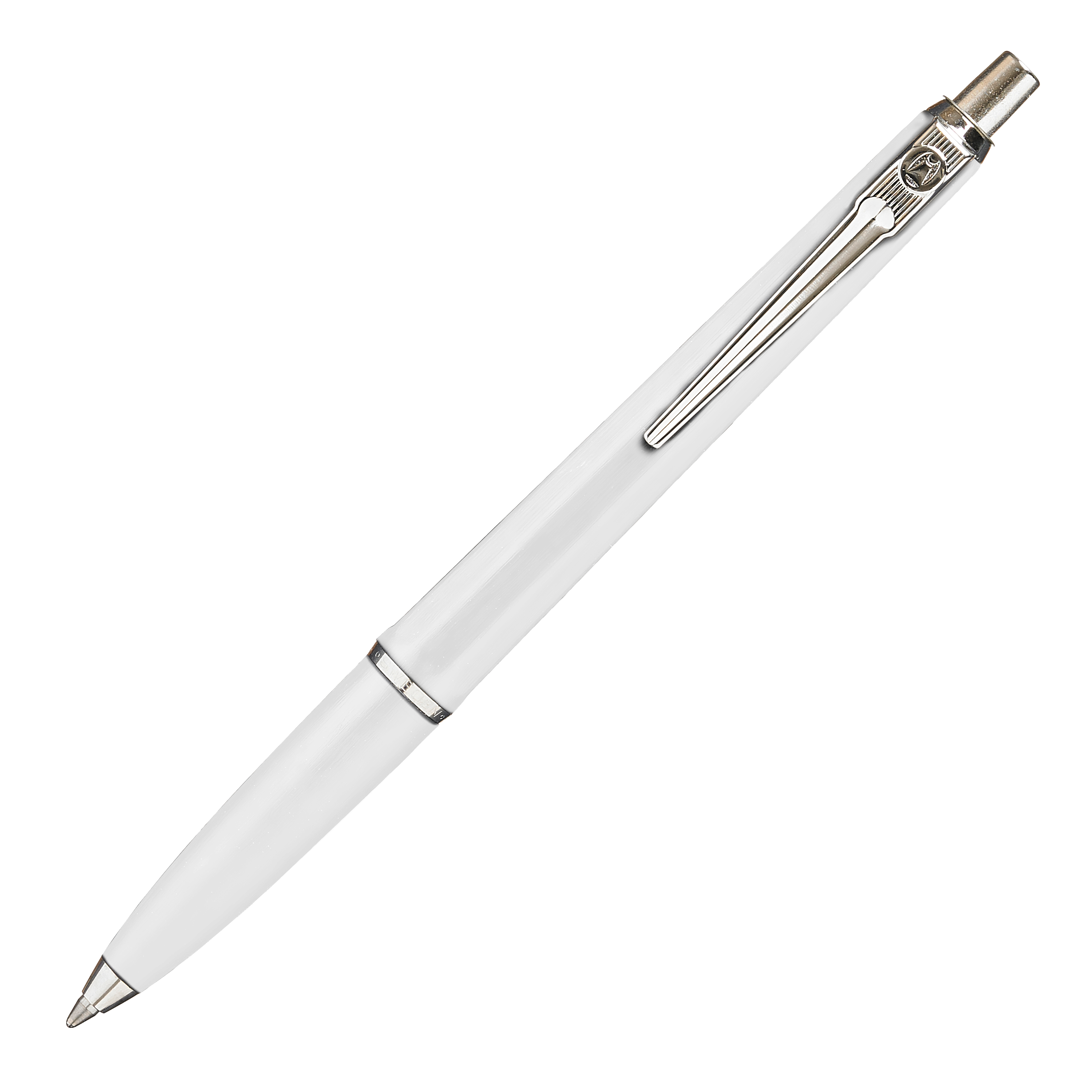 weißer Kugelschreiber mit silberner Spitze und Clip. Schlichtes Design ohne Muster.