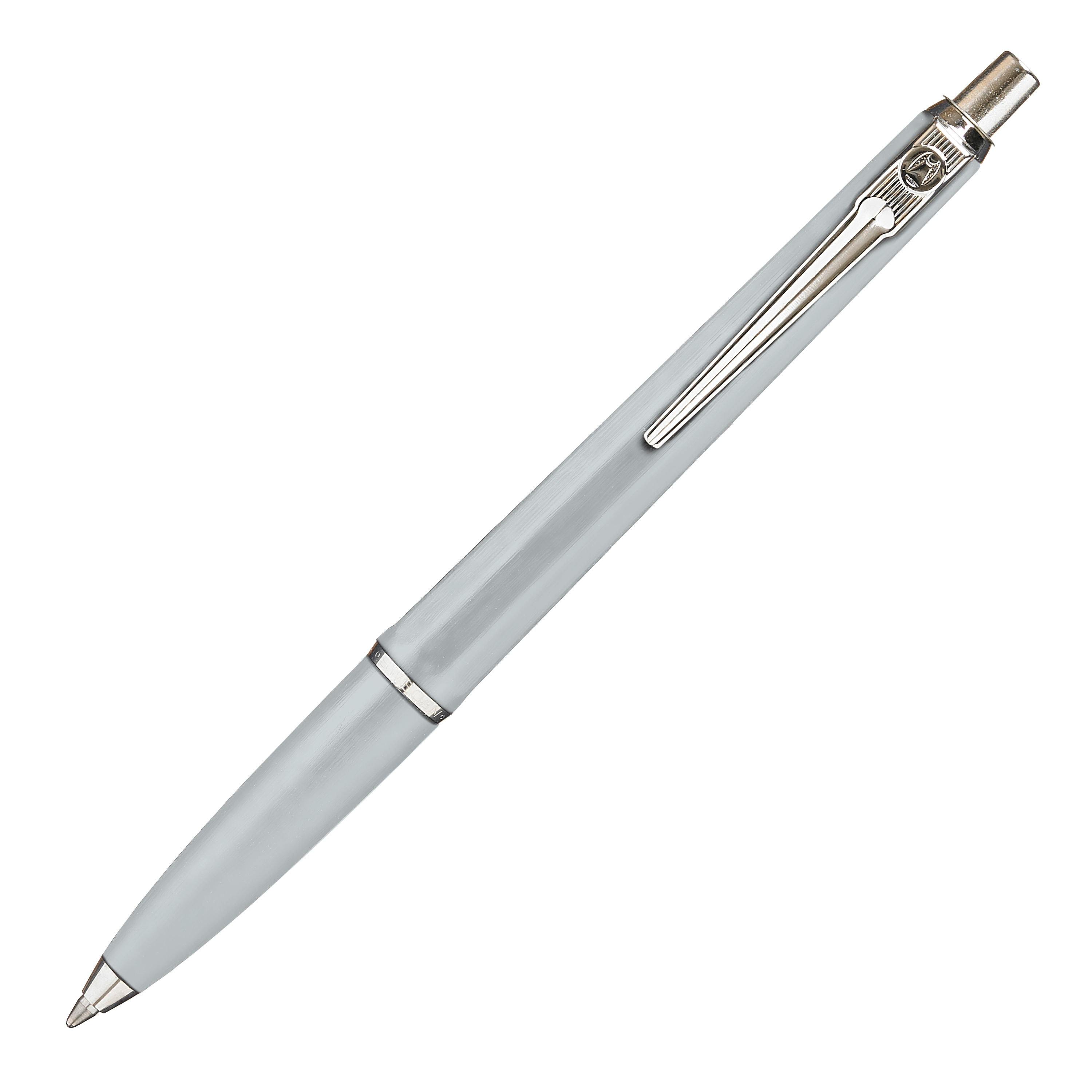 grauer Kugelschreiber mit silberner Spitze und Clip. Schlichtes Design ohne auffällige Muster.