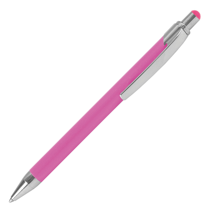 pinkfarbener Kugelschreiber mit silberner Kappe und Clip. Gummierte Oberfläche für besseren Halt. Spitze mit einer kleinen pinken Kappe.