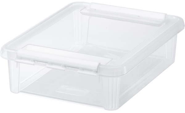 Transparente Kunststoffbox mit einem Deckel. Rechteckige Form, praktische Griffe an den Seiten.